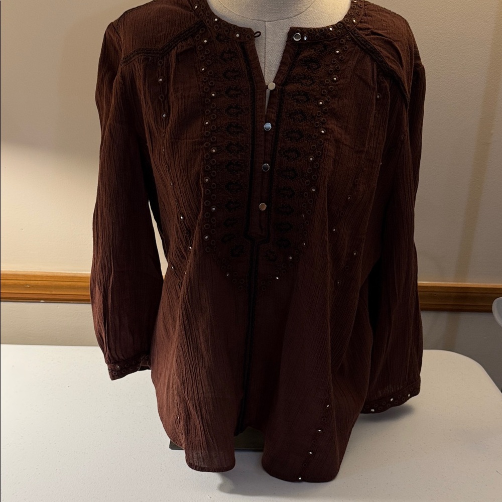 Chico's Rich Brown Embroidered Blouse